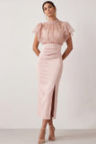 Sheath English Rose Ruffled Ruched Midi Wedding Guest Dress with Slit