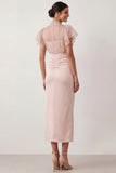 Sheath English Rose Ruffled Ruched Midi Wedding Guest Dress with Slit