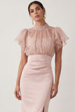 Sheath English Rose Ruffled Ruched Midi Wedding Guest Dress with Slit