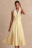 Light Yellow A Line Midi Work Dress with Buttons