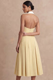 Light Yellow A Line Midi Work Dress with Buttons