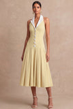 Light Yellow A Line Midi Work Dress with Buttons