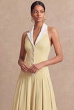 Light Yellow A Line Midi Work Dress with Buttons