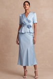 Light Blue 2 Piece Sheath Midi Work Dress with Sleeves
