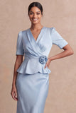 Light Blue 2 Piece Sheath Midi Work Dress with Sleeves