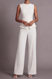 White Round Neck 2 Piece Sleeveless Work Suits