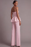 Pink 2 Piece Strapless Women's Work Suits with Bow