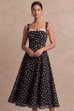Black Ploka Dots A Line Sweetheart Midi Wedding Guest Dress
