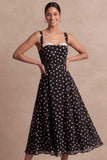 Black Ploka Dots A Line Sweetheart Midi Wedding Guest Dress