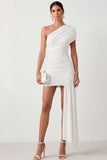 White Bodycon Short One Shoulder Bridal Shower Dress with Drape