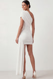 White Bodycon Short One Shoulder Bridal Shower Dress with Drape