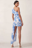 Light Blue Floral One Shoulder Short Wedding Guest Dress