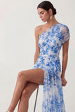 Light Blue Floral One Shoulder Short Wedding Guest Dress