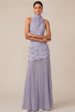 Halter Neck Lilac Sheath Pleated Long Wedding Guest Dress