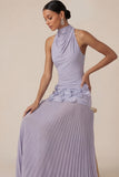 Halter Neck Lilac Sheath Pleated Long Wedding Guest Dress