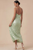 Sparkly Sequined Sheath Spaghetti Straps Mint Green Long Wedding Guest Dress