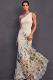 Champagne Floral One Shoulder Sheath Long Wedding Guest Dress