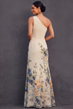 Champagne Floral One Shoulder Sheath Long Wedding Guest Dress