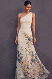 Champagne Floral One Shoulder Sheath Long Wedding Guest Dress
