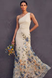 Champagne Floral One Shoulder Sheath Long Wedding Guest Dress