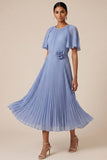 Pleated A Line Fuchsia Short Sleeves Midi Wedding Guest Dress