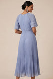 Pleated A Line Fuchsia Short Sleeves Midi Wedding Guest Dress