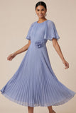 Pleated A Line Fuchsia Short Sleeves Midi Wedding Guest Dress