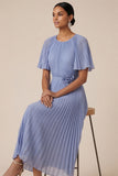 Pleated A Line Fuchsia Short Sleeves Midi Wedding Guest Dress