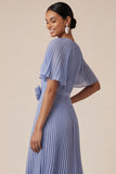 Pleated A Line Fuchsia Short Sleeves Midi Wedding Guest Dress