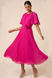 Pleated A Line Fuchsia Short Sleeves Midi Wedding Guest Dress