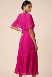 Pleated A Line Fuchsia Short Sleeves Midi Wedding Guest Dress