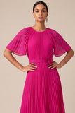 Pleated A Line Fuchsia Short Sleeves Midi Wedding Guest Dress