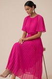 Pleated A Line Fuchsia Short Sleeves Midi Wedding Guest Dress