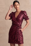 Sparkly Burgundy Bodycon V Neck Short Summer Wedding Guest Dress