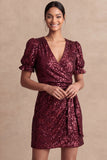 Sparkly Burgundy Bodycon V Neck Short Summer Wedding Guest Dress