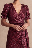 Sparkly Burgundy Bodycon V Neck Short Summer Wedding Guest Dress