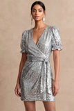 Sparkly Burgundy Bodycon V Neck Short Summer Wedding Guest Dress
