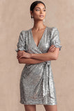 Sparkly Burgundy Bodycon V Neck Short Summer Wedding Guest Dress