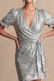 Sparkly Burgundy Bodycon V Neck Short Summer Wedding Guest Dress