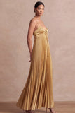 A Line Pleated Golden Spaghetti Straps Long Formal Dress