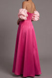 Fuchsia A Line Puff Sleeves Strapless Empire Waist Long Formal Dress