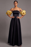 Fuchsia A Line Puff Sleeves Strapless Empire Waist Long Formal Dress