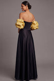 Fuchsia A Line Puff Sleeves Strapless Empire Waist Long Formal Dress