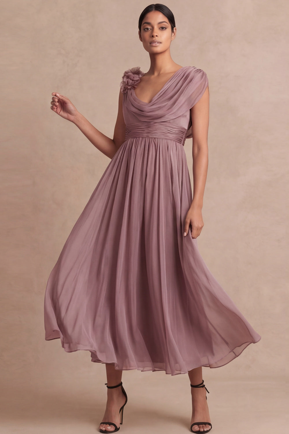 Vintage Rose Cowl Neck A Line Long Formal Dress with Flower