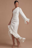 Navy Asymmetrical One Shoulder Sheath Ruffled Formal Dress