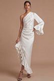 Navy Asymmetrical One Shoulder Sheath Ruffled Formal Dress