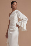 Navy Asymmetrical One Shoulder Sheath Ruffled Formal Dress