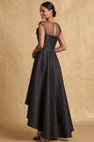 Black A Line Illusion Neck High Low Wedding Guest Dress with 3D Flower