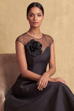 Black A Line Illusion Neck High Low Wedding Guest Dress with 3D Flower
