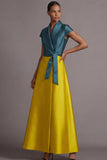 Leely Women Golden and Peacock Blue A Line Satin Long Wedding Guest Dress Short Sleeves V Neck Formal Dress